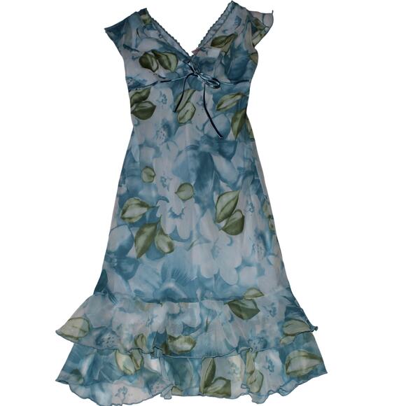 Y2K Speechless Blue Midi Double Lined Floral Dress With Ruffles Size 3 - Picture 1 of 4